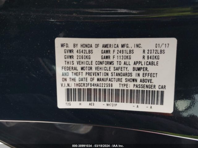 1HGCR3F94HA022598 Honda Accord Touring V6