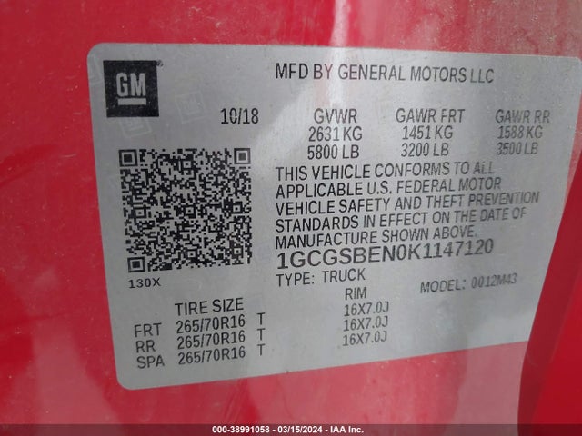 Chevrolet Colorado Wt 2019 1GCGSBEN0K1147120 Image 9