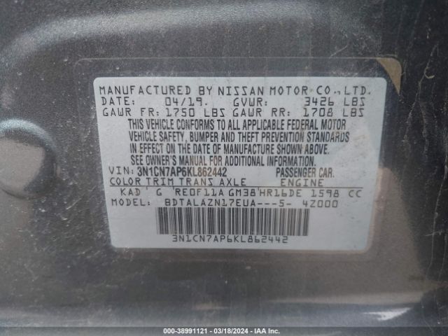 3N1CN7AP6KL862442 Nissan Versa 1.6 S+