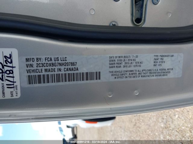 2C3CDXBG7NH207867 Dodge Charger Sxt Rwd