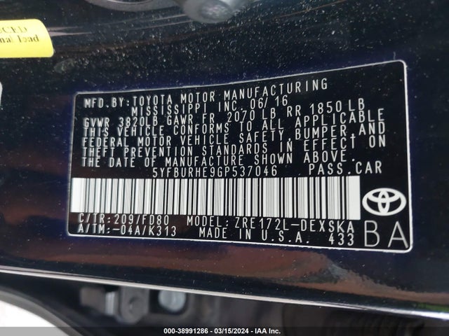 Toyota Corolla S Plus 2016 5YFBURHE9GP537046 Image 9