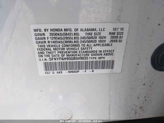 Honda Pilot Touring 2016 5FNYF6H95GB049035 Image 9