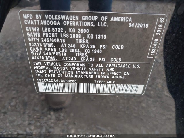 1V2CR2CA6JC566200 Volkswagen Atlas 3.6l V6 Se