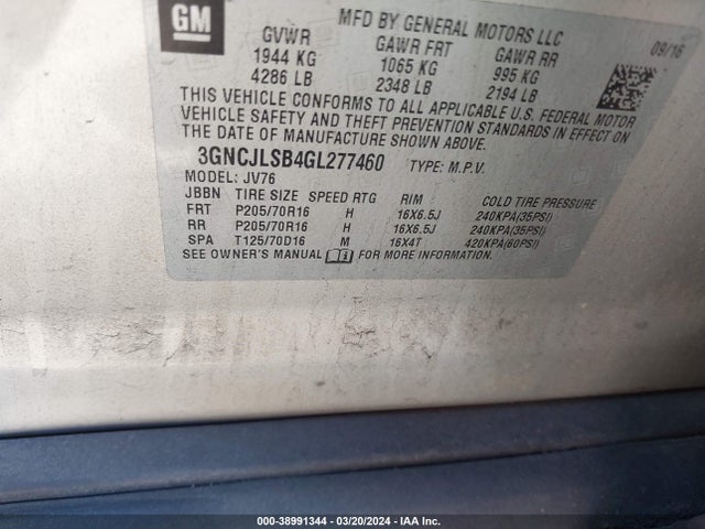 Chevrolet Trax Lt 2016 3GNCJLSB4GL277460 Image 9