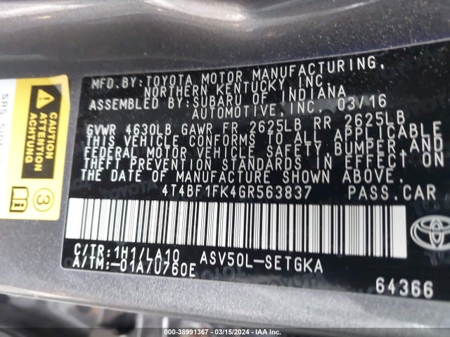 Toyota CAMRY XLE 2016 4T4BF1FK4GR563837 Image 9