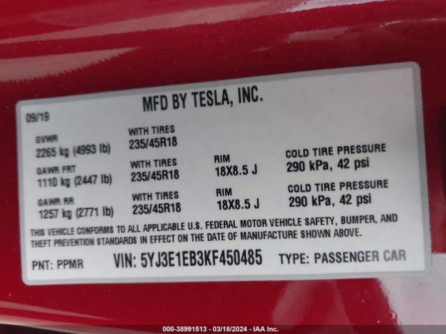 5YJ3E1EB3KF450485 Tesla Model 3 Long Range/performance
