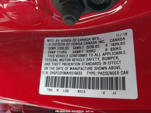 Honda Civic Sport 2019 2HGFC2F86KH516633 Image 9