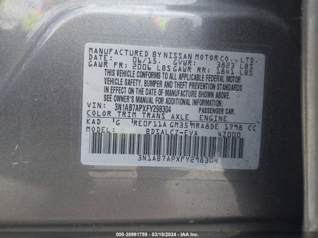Nissan SENTRA S 2015 3N1AB7APXFY298304 Image 9
