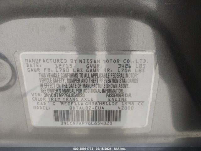 3N1CN7AP7GL854020 Nissan Versa 1.6 S/1.6 S+/1.6 Sl/1.6 Sv