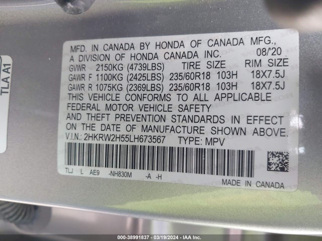 Honda Cr-v Awd Ex 2020 2HKRW2H55LH673567 Image 9