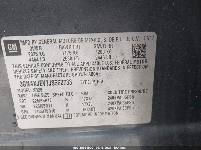Chevrolet EQUINOX LT 2018 3GNAXJEV7JS562733 Image 9