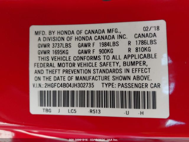 2HGFC4B04JH302735 Honda Civic Lx-p