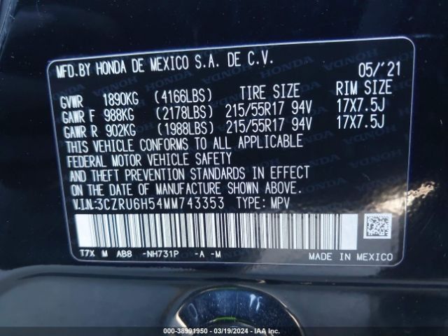 3CZRU6H54MM743353 Honda Hr-v Awd Ex
