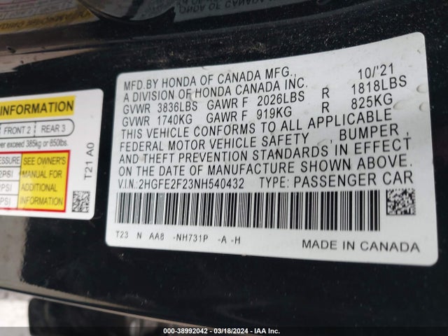 Honda Civic Lx 2022 2HGFE2F23NH540432 Image 9