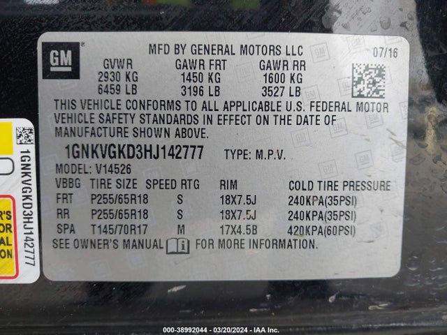 Chevrolet Traverse 1lt 2017 1GNKVGKD3HJ142777 Image 9