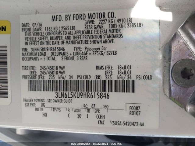 3LN6L5KU9HR615846 Lincoln Mkz Hybrid Premiere