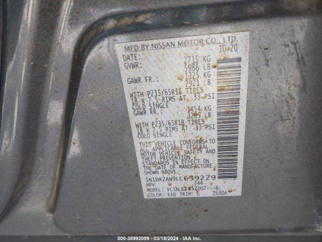5N1DR2AN9LC639229 Nissan Pathfinder S 2wd