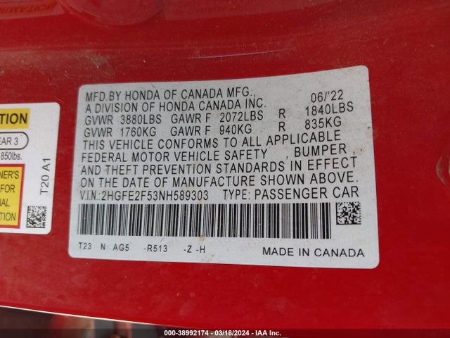 Honda Civic Sport 2022 2HGFE2F53NH589303 Image 9