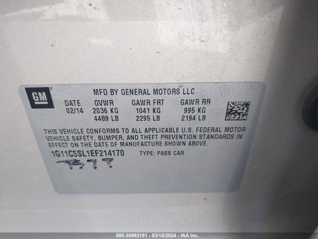 Chevrolet MALIBU 1LT 2014 1G11C5SL1EF214170 Image 9