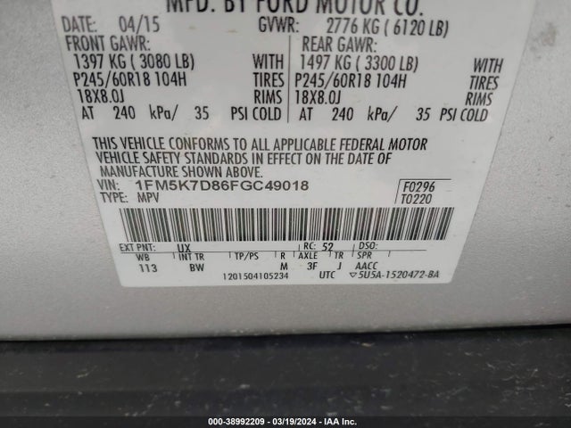 Ford EXPLORER XLT 2015 1FM5K7D86FGC49018 Image 9