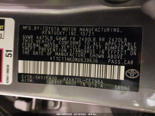 Toyota CAMRY LE 2022 4T1C11AK0NU639636 Image 9
