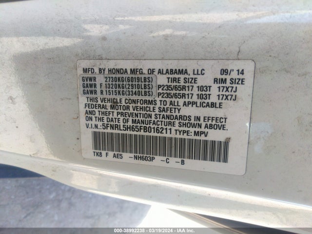 Honda Odyssey Ex-l 2015 5FNRL5H65FB016211 Image 9