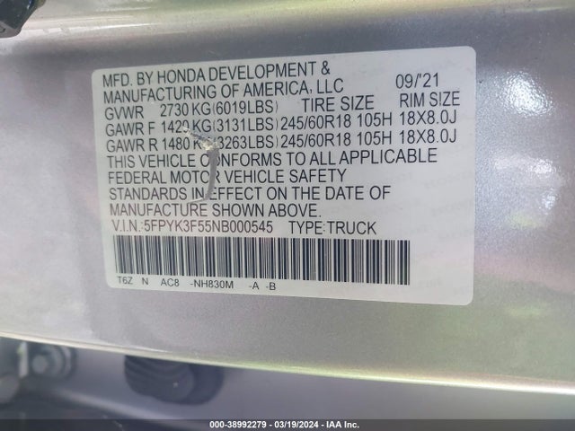 Honda Ridgeline Rtl 2022 5FPYK3F55NB000545 Image 9