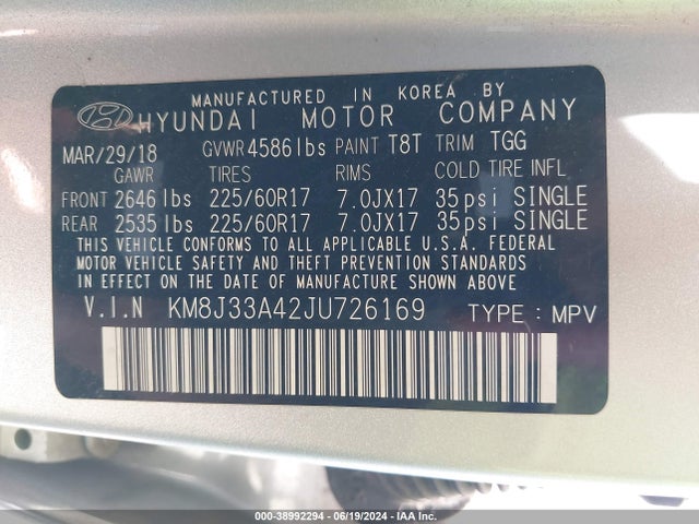 Hyundai TUCSON SEL 2018 KM8J33A42JU726169 Image 9
