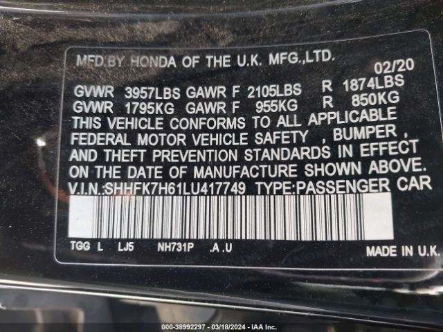 SHHFK7H61LU417749 Honda CIVIC EX