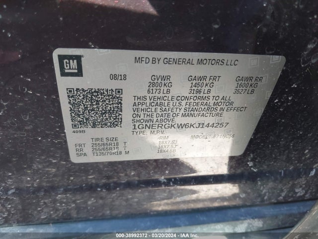 Chevrolet Traverse 1lt 2019 1GNERGKW6KJ144257 Image 9