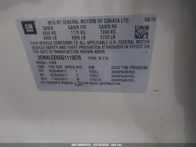 Chevrolet EQUINOX LT 2016 2GNALCEK6G1110676 Image 9