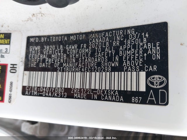 Toyota Corolla S Plus 2014 2T1BURHE4EC120298 Image 9