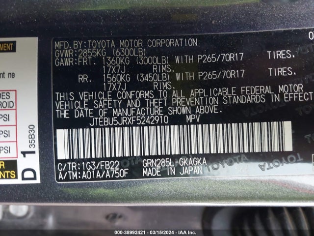 Toyota 4RUNNER SR5 2015 JTEBU5JRXF5242910 Image 9