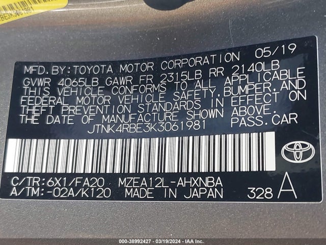 Toyota COROLLA SE 2019 JTNK4RBE3K3061981 Image 9