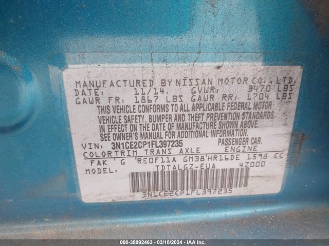 Nissan Versa Note Sr 2015 3N1CE2CP1FL397235 Image 9