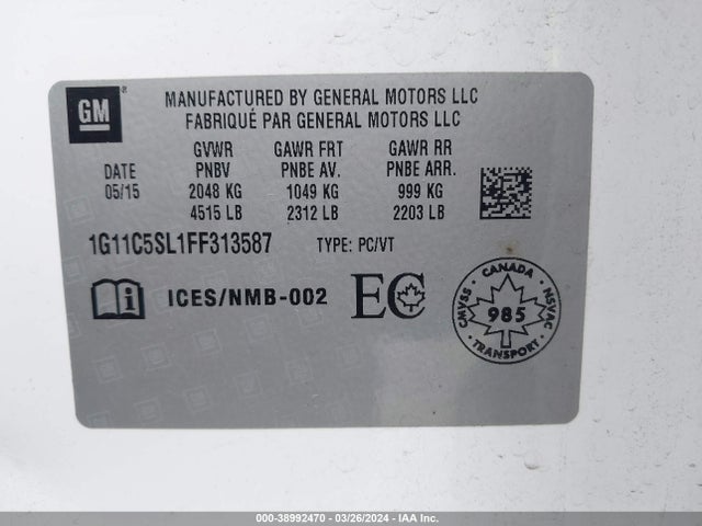 Chevrolet MALIBU 1LT 2015 1G11C5SL1FF313587 Image 9