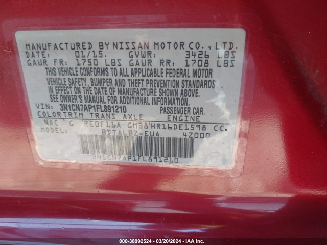 Nissan Versa 1.6 Sv 2015 3N1CN7AP1FL891210 Image 9