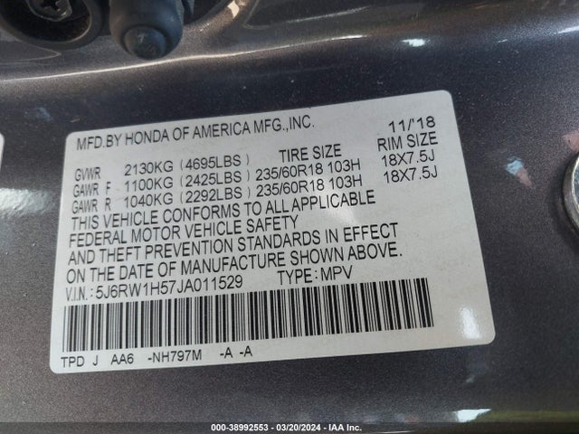 Honda CR-V EX 2018 5J6RW1H57JA011529 Image 9