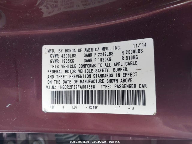 Honda ACCORD LX 2015 1HGCR2F37FA067568 Image 9