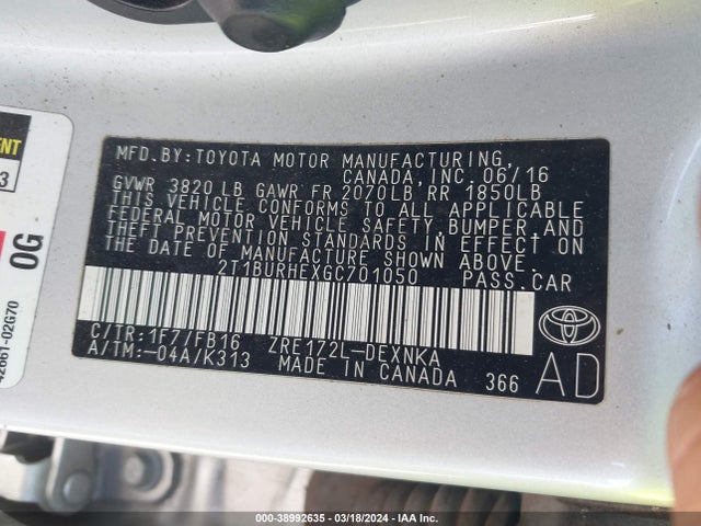 Toyota COROLLA LE 2016 2T1BURHEXGC701050 Image 9