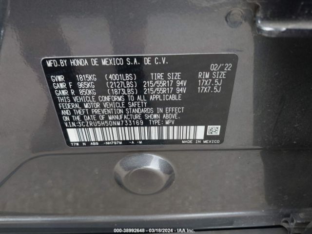 3CZRU5H50NM733169 Honda Hr-v 2wd Ex