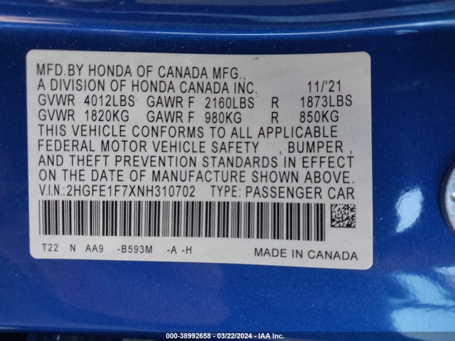 Honda CIVIC EX 2022 2HGFE1F7XNH310702 Image 9