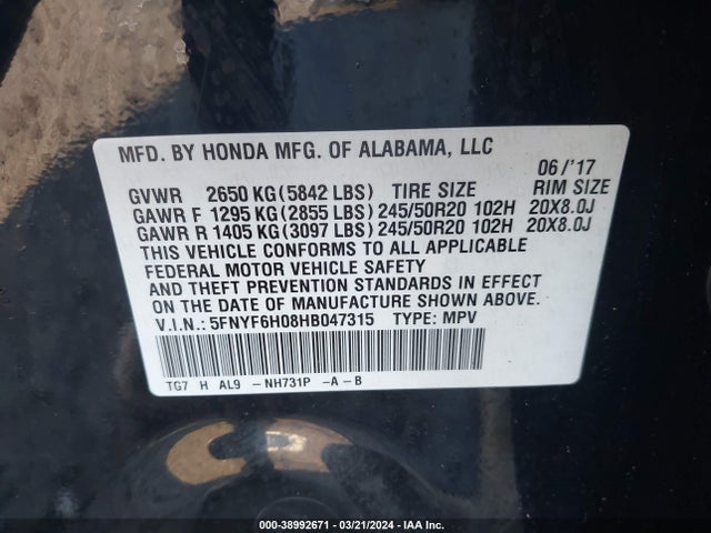Honda Pilot Elite 2017 5FNYF6H08HB047315 Image 9