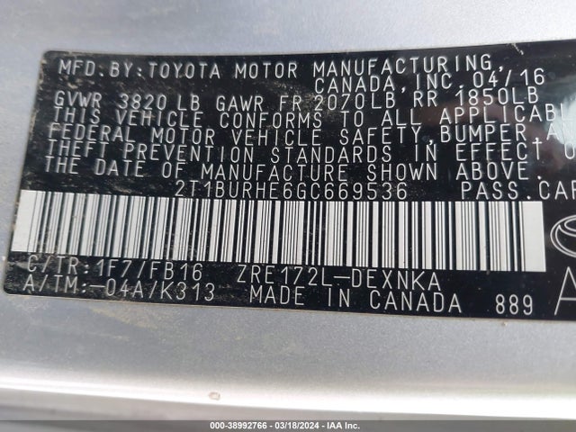 Toyota COROLLA LE 2016 2T1BURHE6GC669536 Image 9