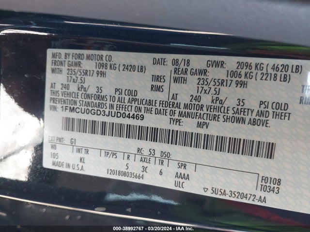 Ford ESCAPE SE 2018 1FMCU0GD3JUD04469 Image 9