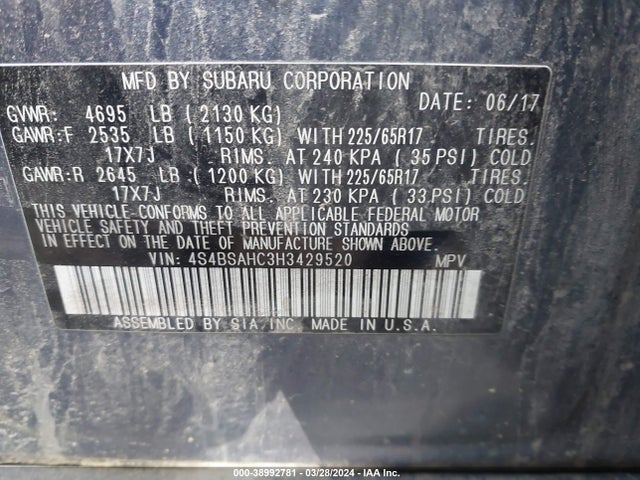 Subaru Outback 2.5i Premium 2017 4S4BSAHC3H3429520 Image 9