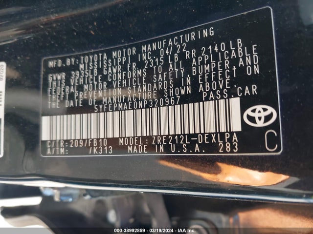 Toyota COROLLA LE 2022 5YFEPMAE0NP320967 Image 9