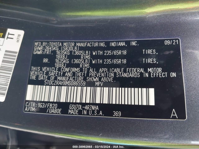 Toyota Highlander L 2021 5TDCZRAHXMS086559 Image 9