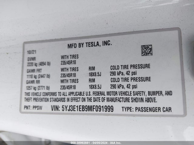 5YJ3E1EB9MF091999 Tesla Model 3 Long Range Dual Motor All-wheel Drive