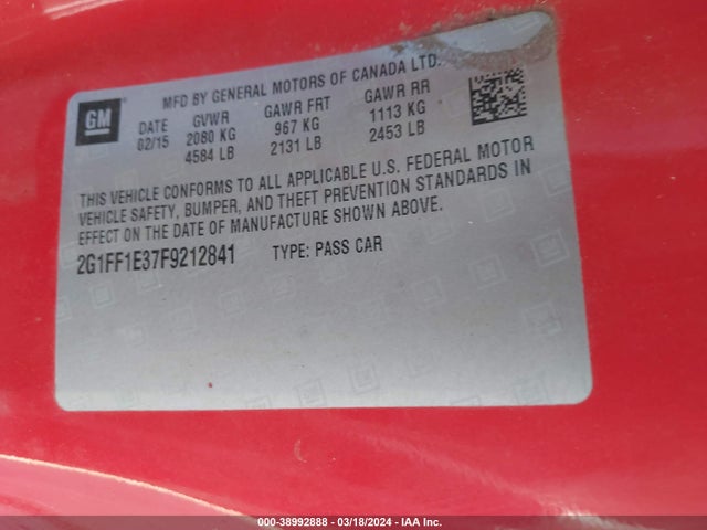 Chevrolet Camaro 2lt 2015 2G1FF1E37F9212841 Image 9